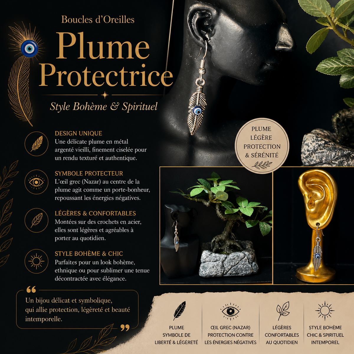 « Plume Protectrice » – Style Bohème & Spirituel 