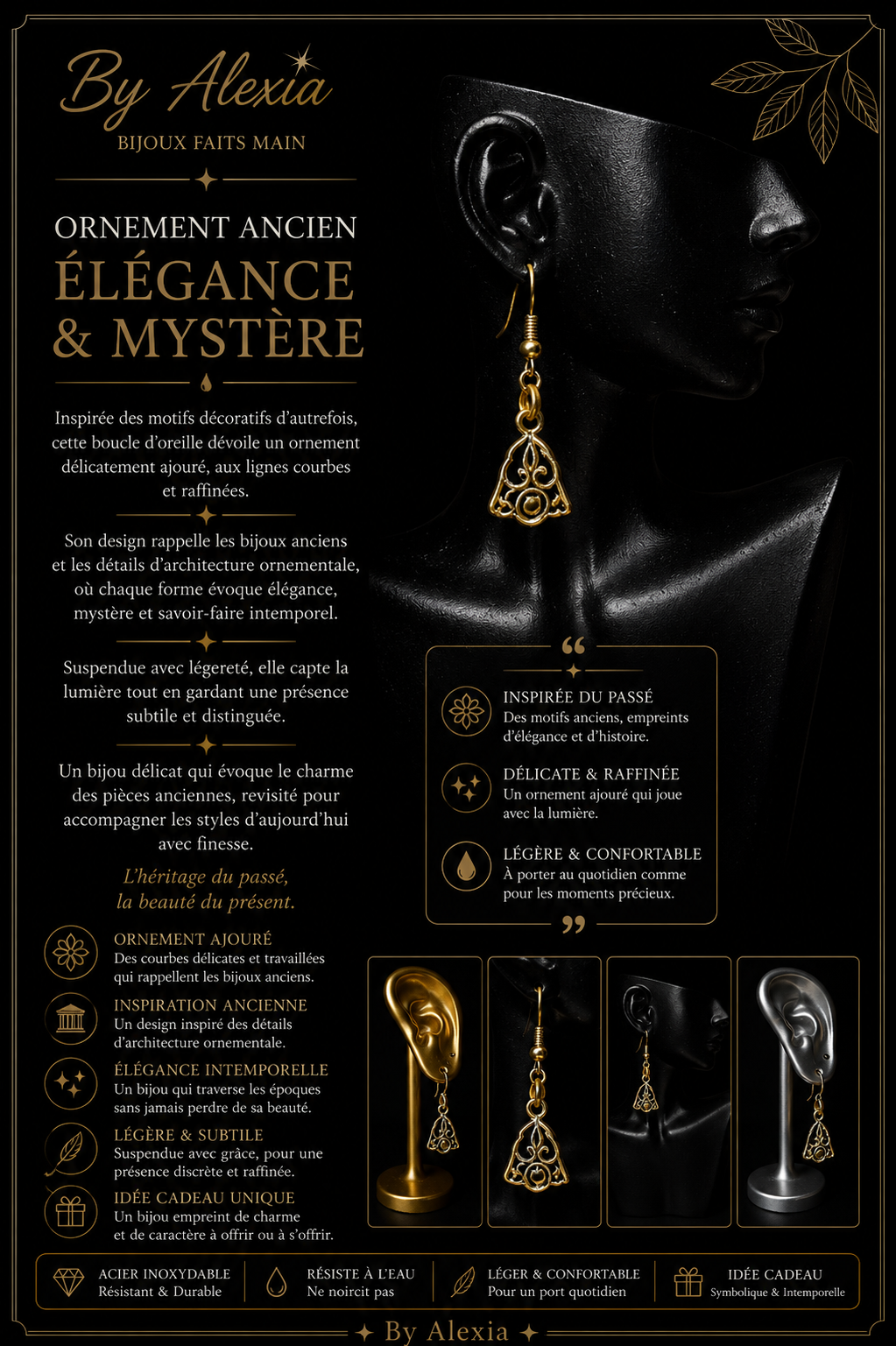 Boucle d’oreille Ornement Ancien – Élégance & Mystère